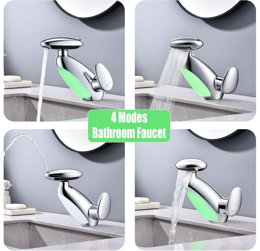 Bathroom faucet with four different water flow modes on a sink.