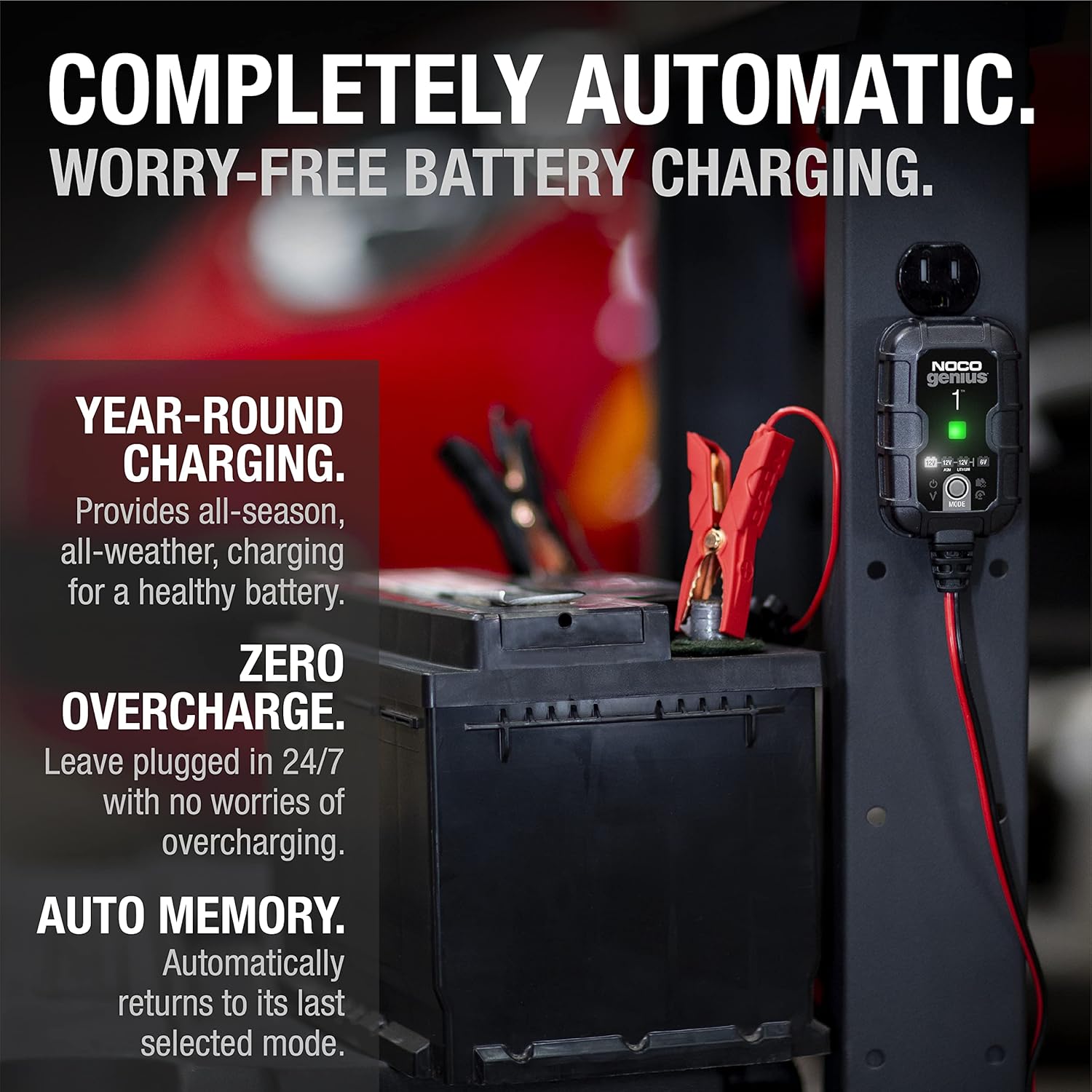NOCO Genius1 1A Smart Battery Charger – 6V/12V Lead-Acid & Lithium Battery Maintainer