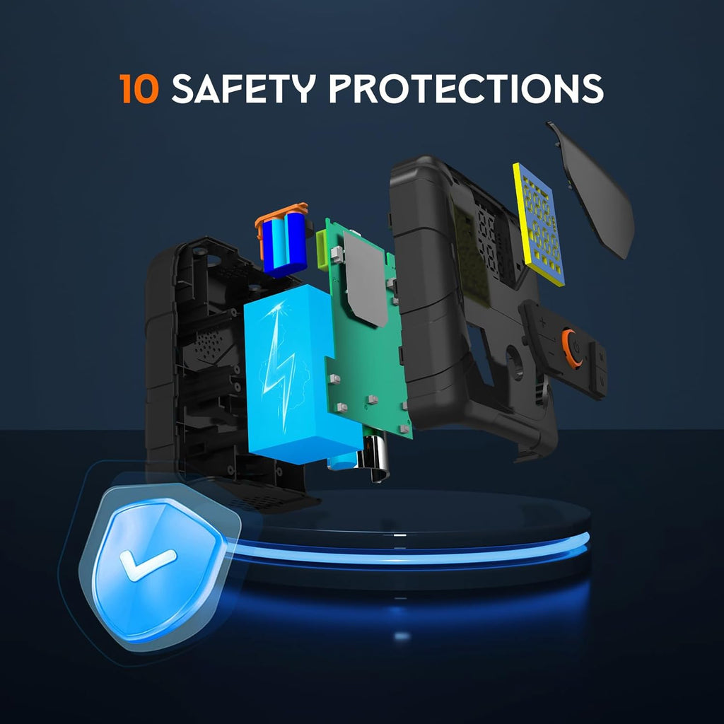 Electronic device with safety features on a dark background