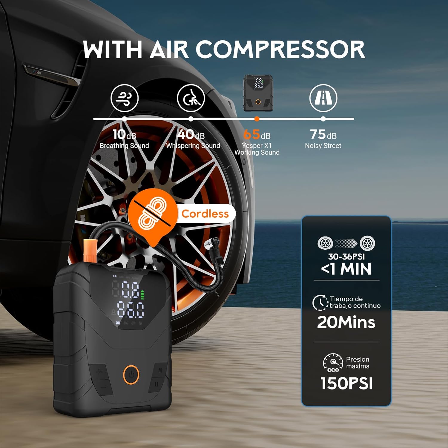 Car air compressor with digital display and branding, placed next to a car tire on a wooden surface.