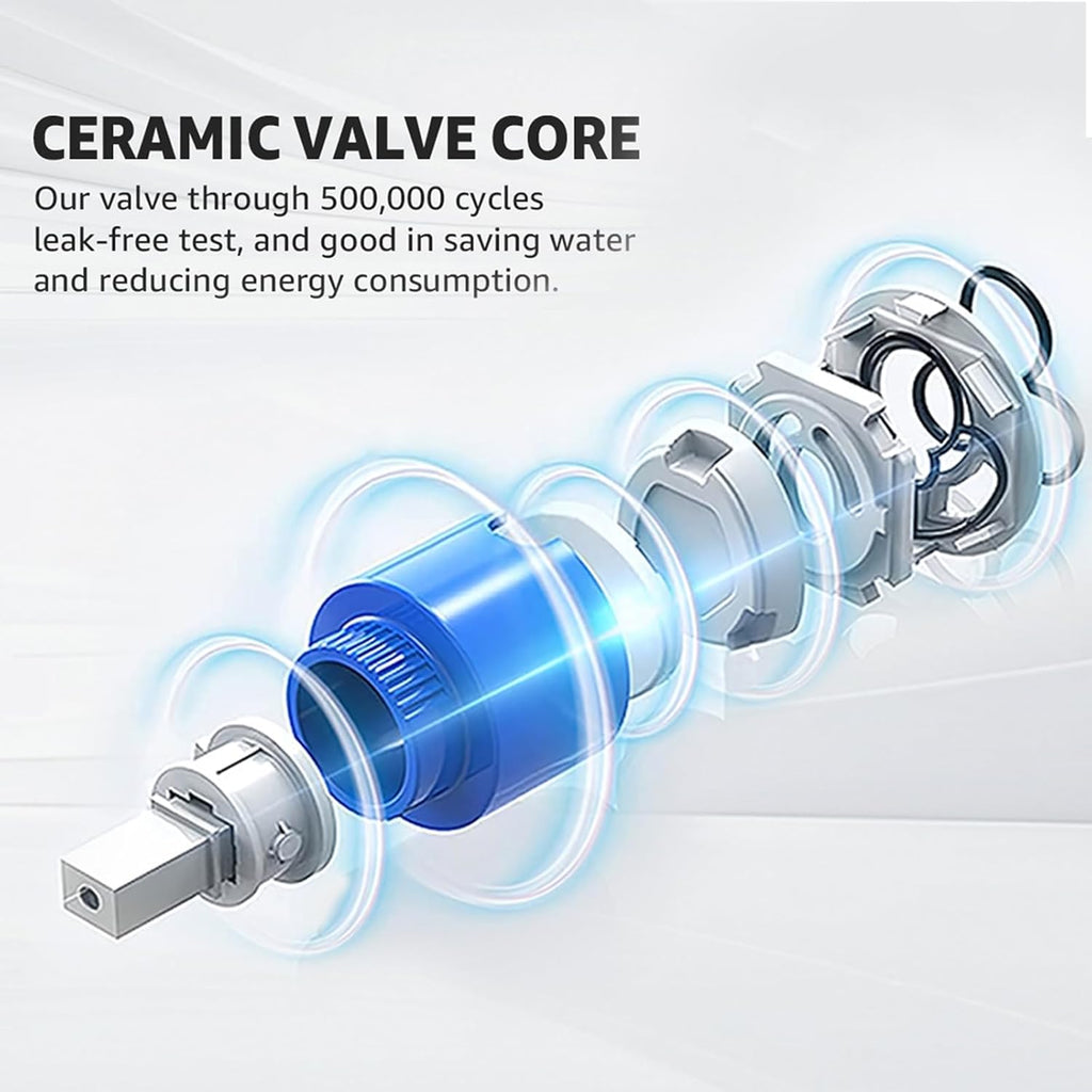 Ceramic valve core with text about its performance and benefits on a light gray background