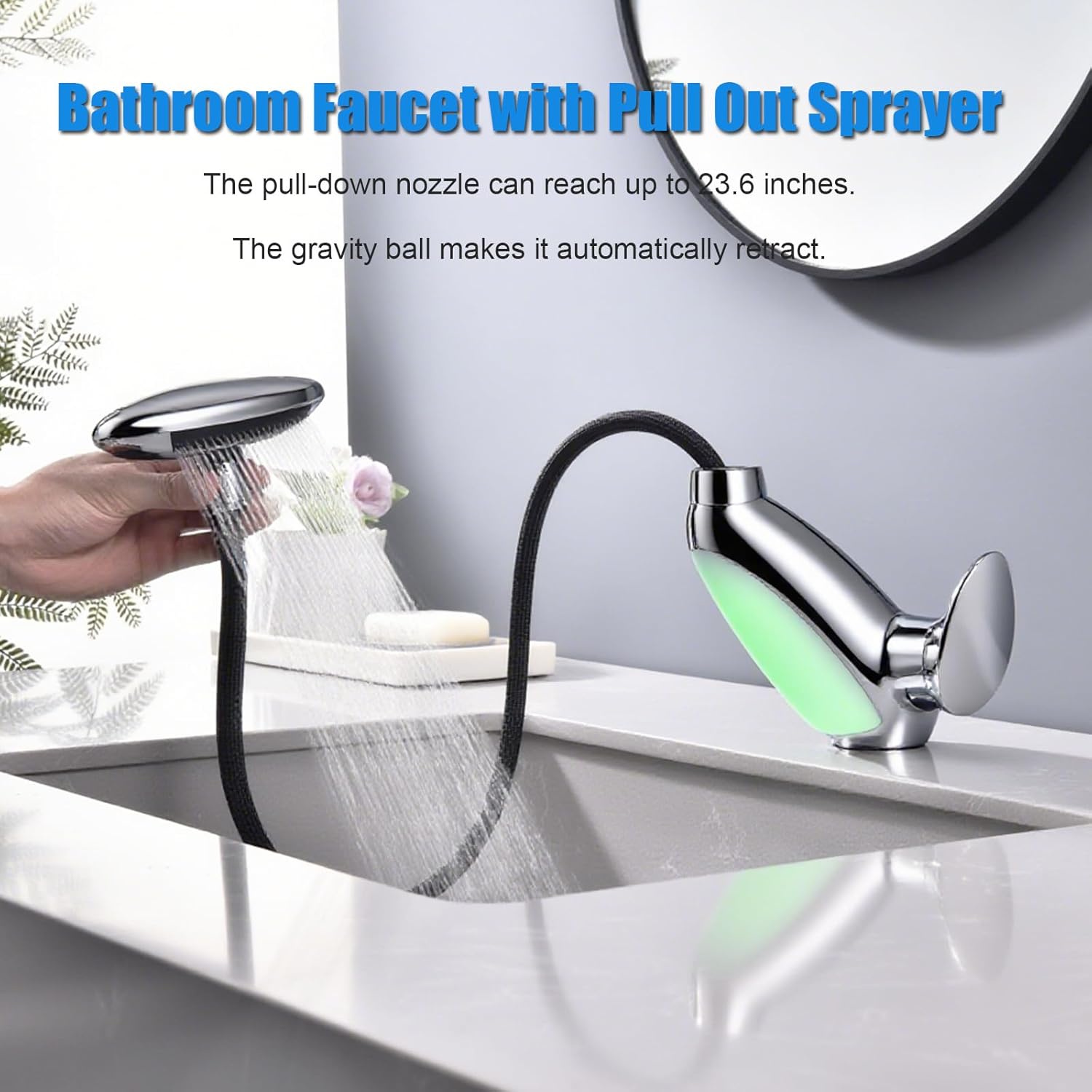Bathroom faucet with pull-out sprayer on a sink, with text describing features.