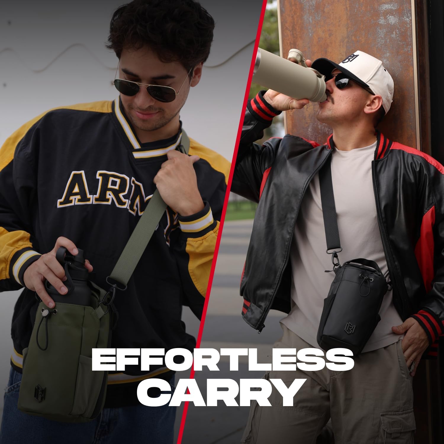 Two people wearing different jackets with bags, with text 'Effortless Carry'.