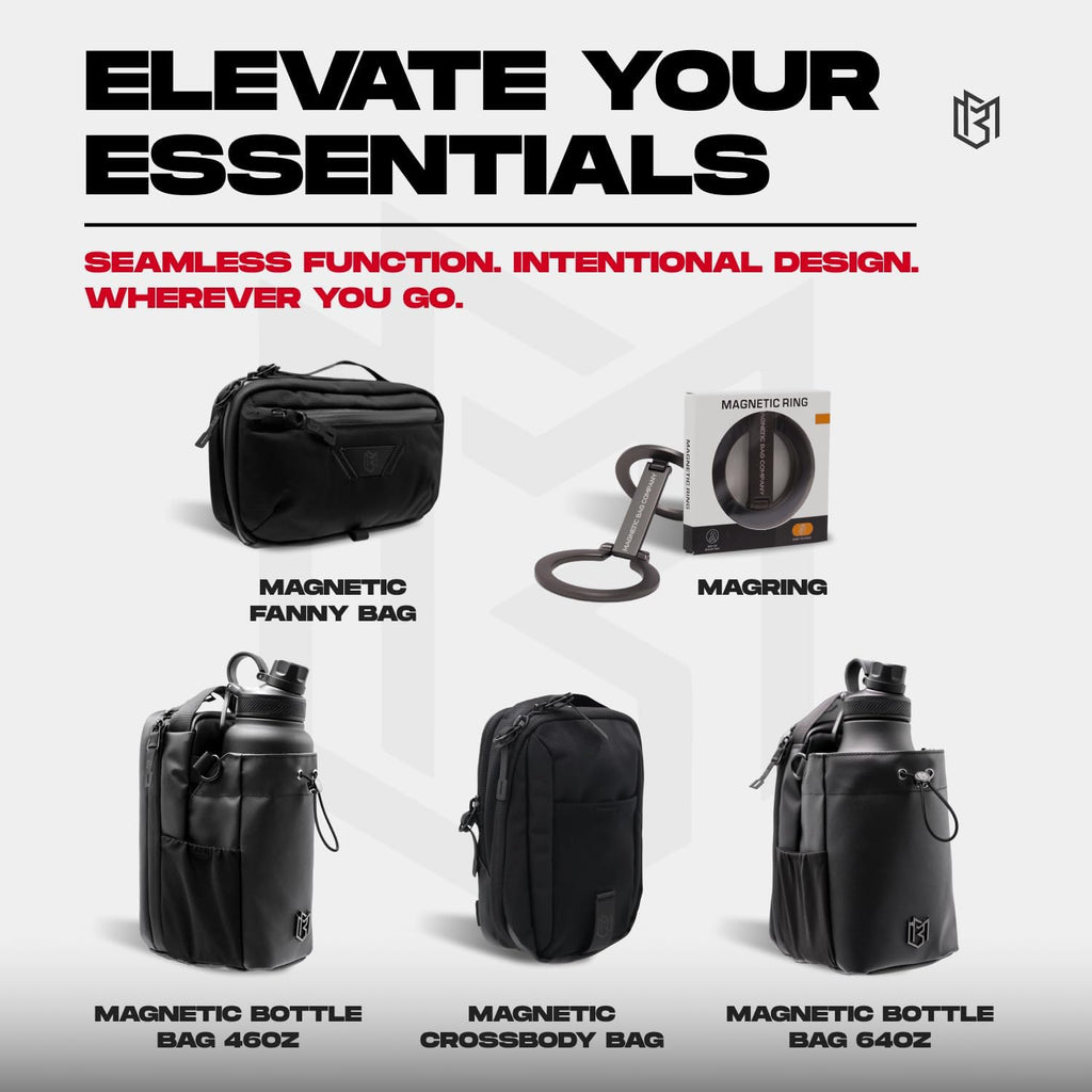 Black bags and accessories with promotional text on a white background