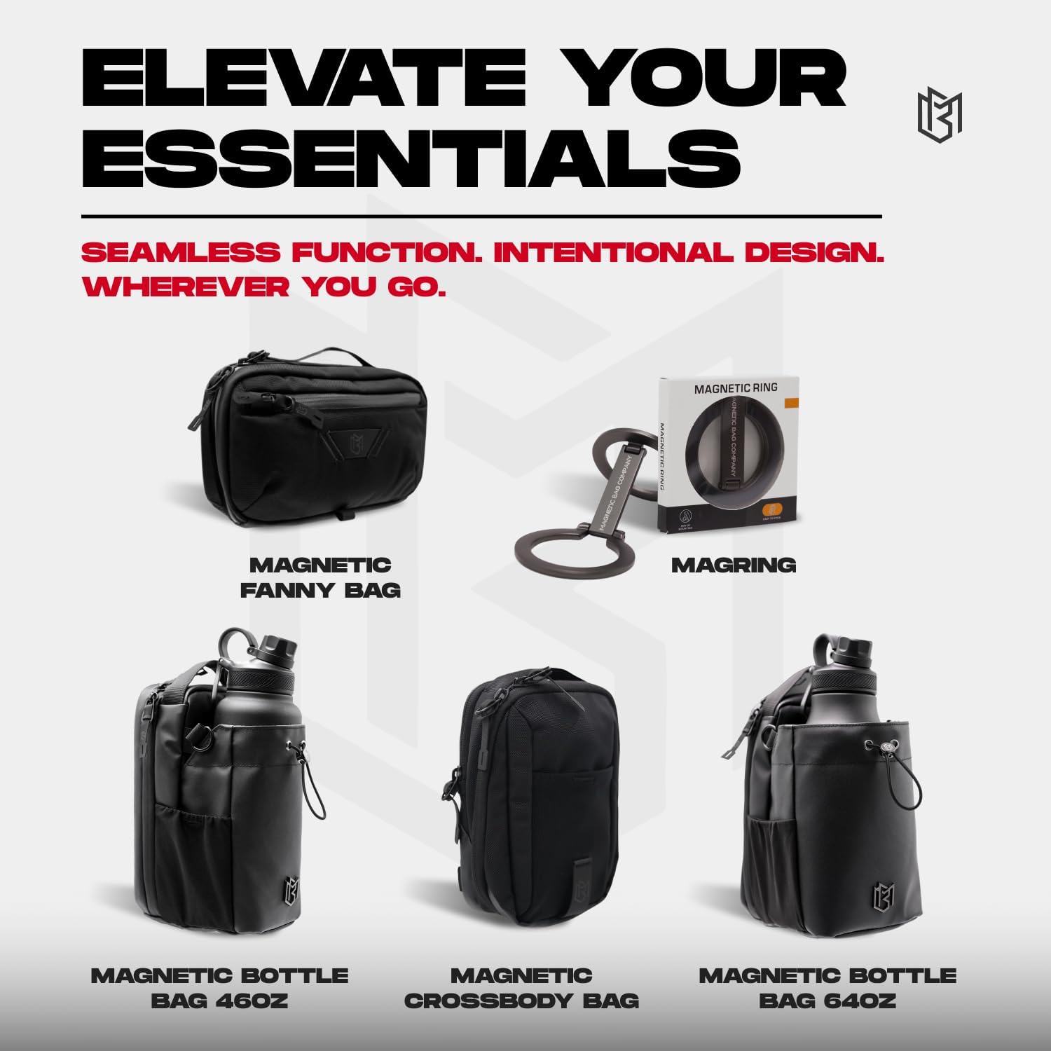 Black bags and accessories with promotional text on a white background