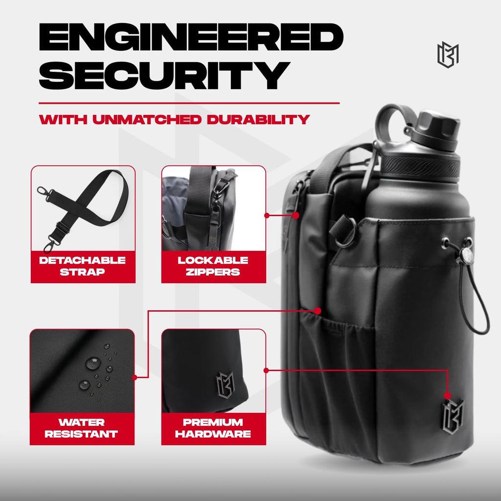 Black water bottle with features highlighted on a gray background