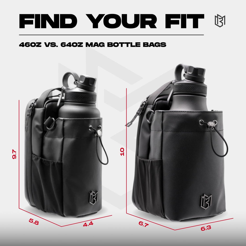 Two black bottle bags with measurements and text 'Find Your Fit' on a white background