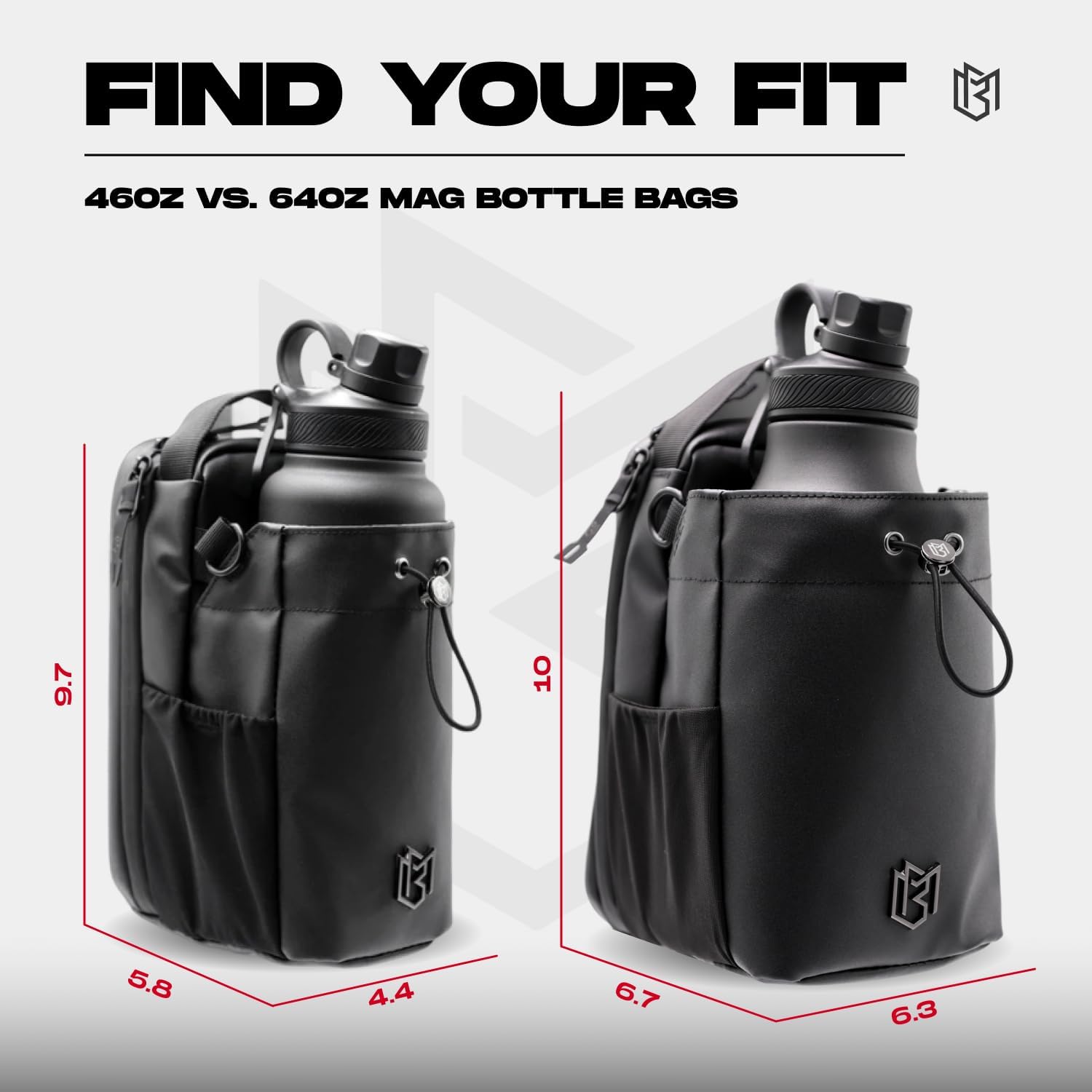 Two black bottle bags with measurements and text 'Find Your Fit' on a white background