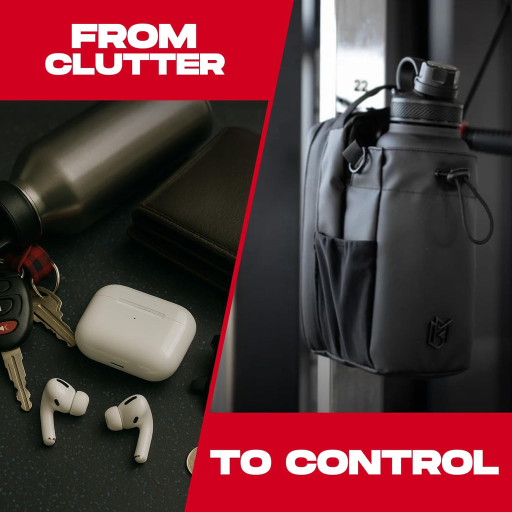 Black backpack on a dark surface with keys, water bottle, and earbuds, with text 'From Clutter to Control' on a red background.