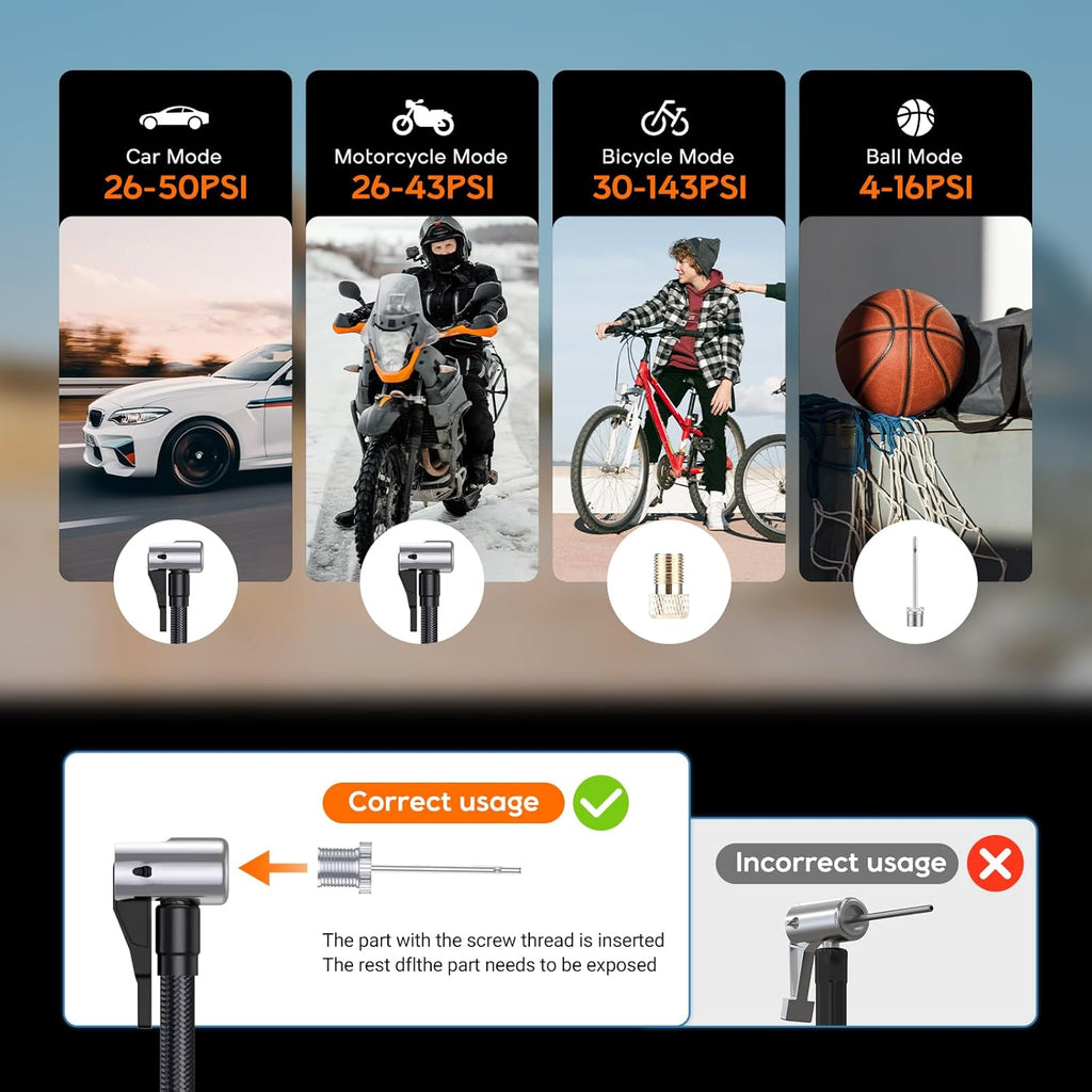 Product display with different modes for car, motorcycle, bicycle, and ball, along with correct and incorrect usage illustrations.