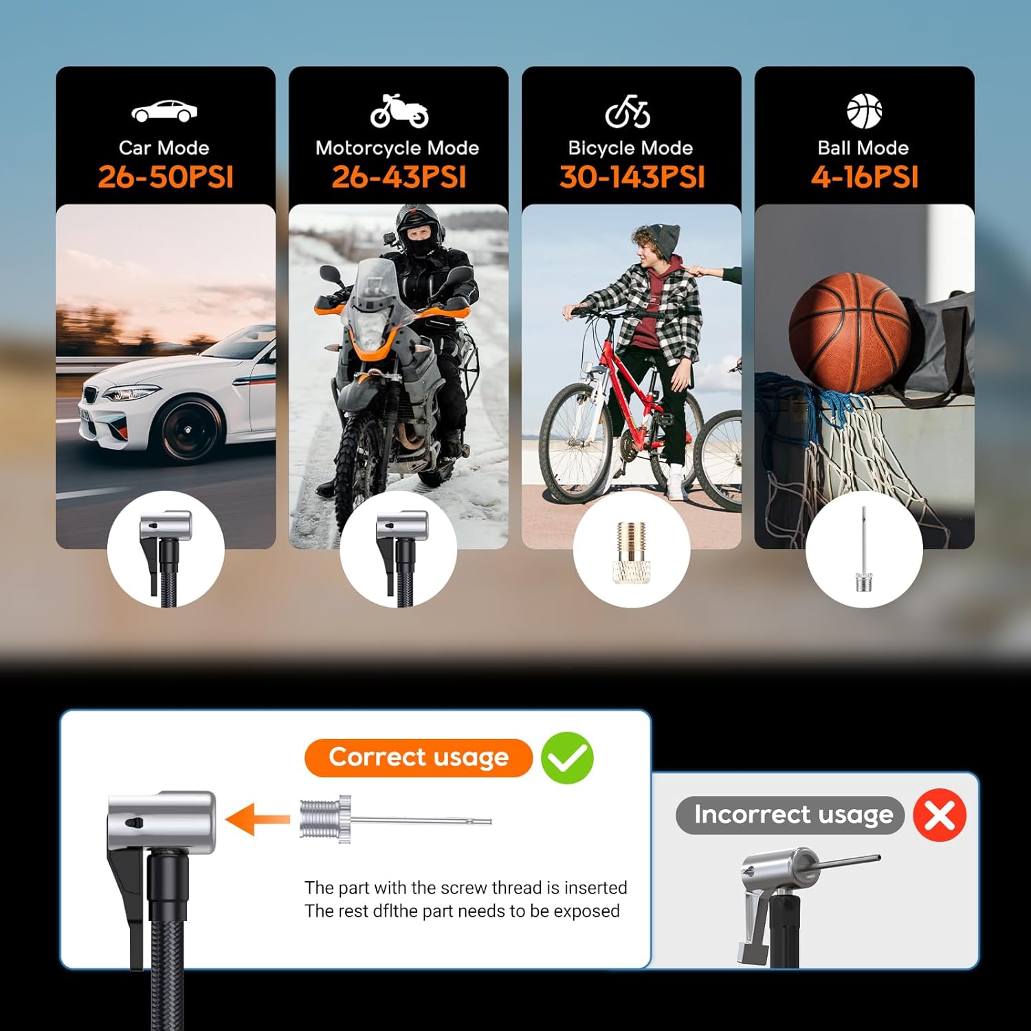 Product display with different modes for car, motorcycle, bicycle, and ball, along with correct and incorrect usage illustrations.