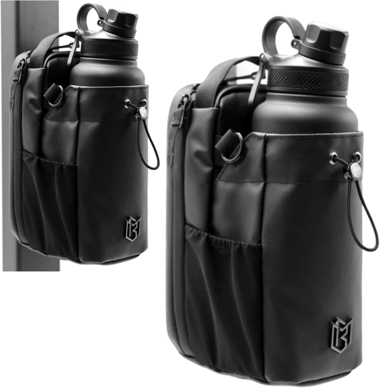 Black water bottle holder with water bottle on a white background