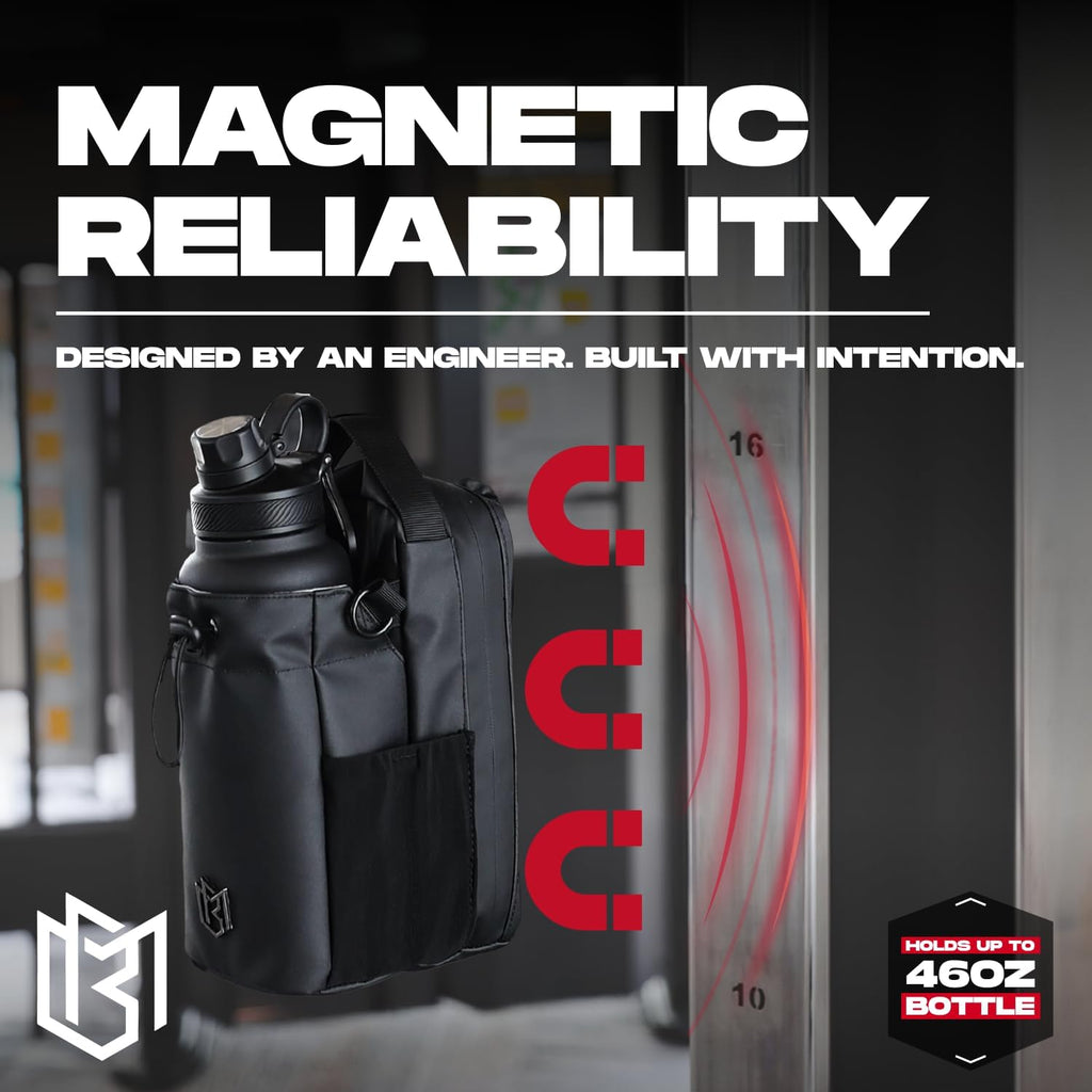 Black water bottle with magnetic reliability feature on a dark background
