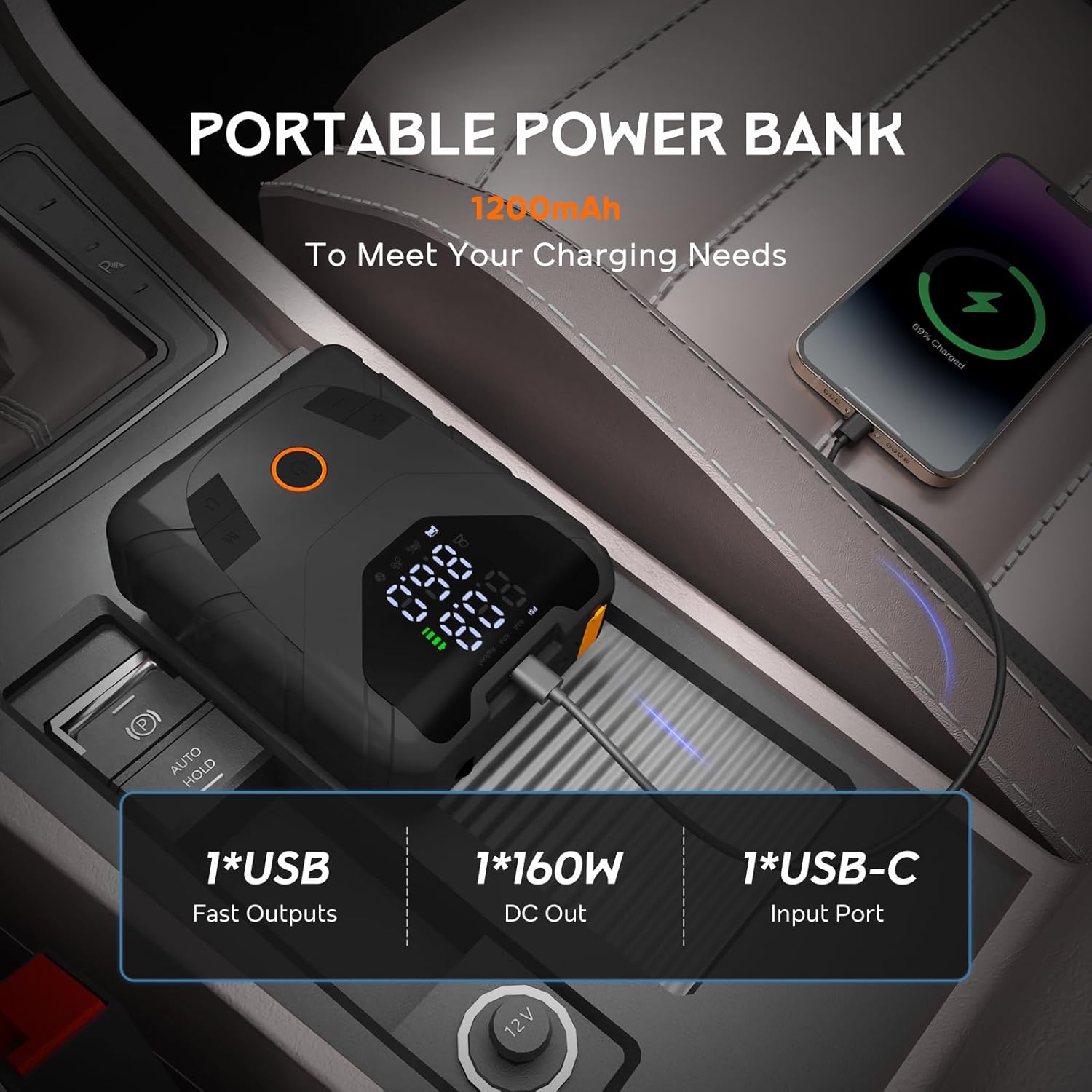 Portable power bank charging a smartphone inside a car, with specifications displayed.