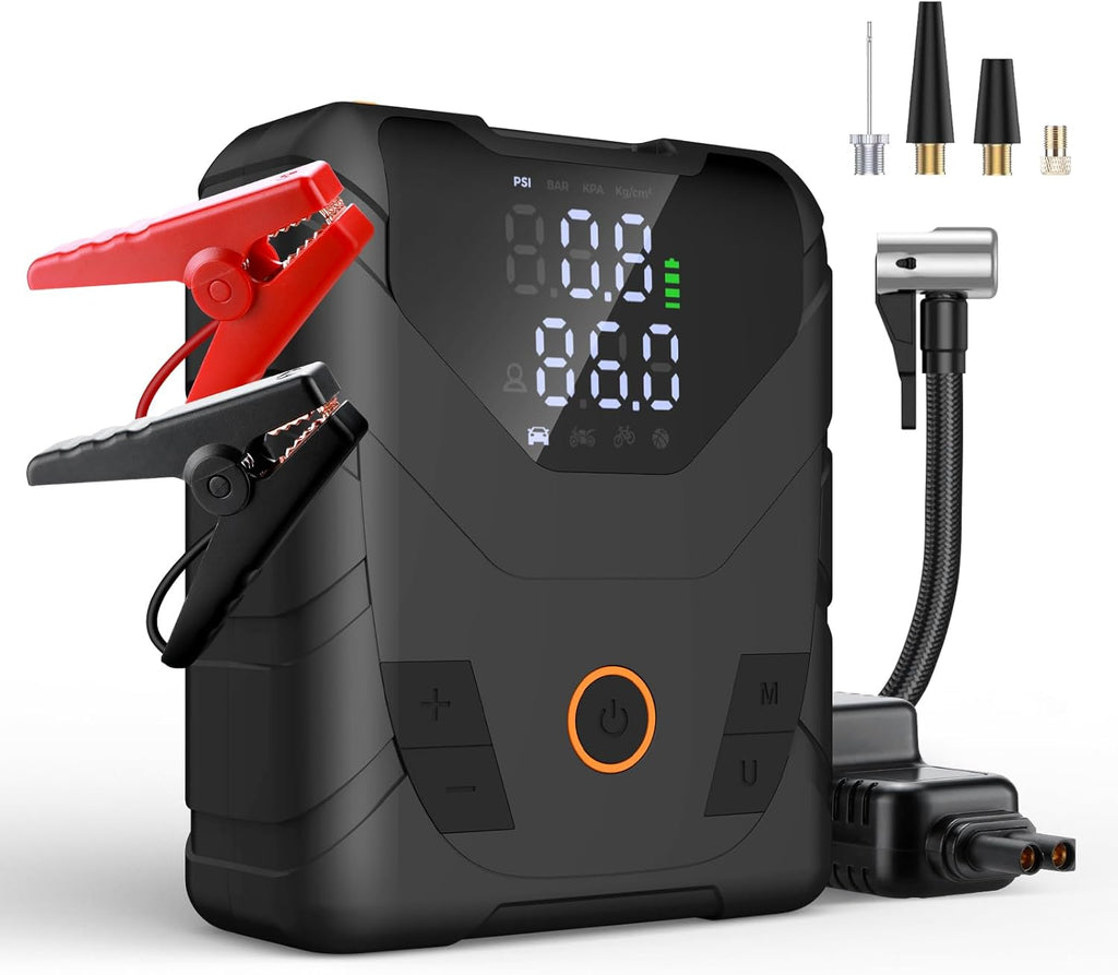 Black jump starter with digital display, clamps, and air pump on a white background