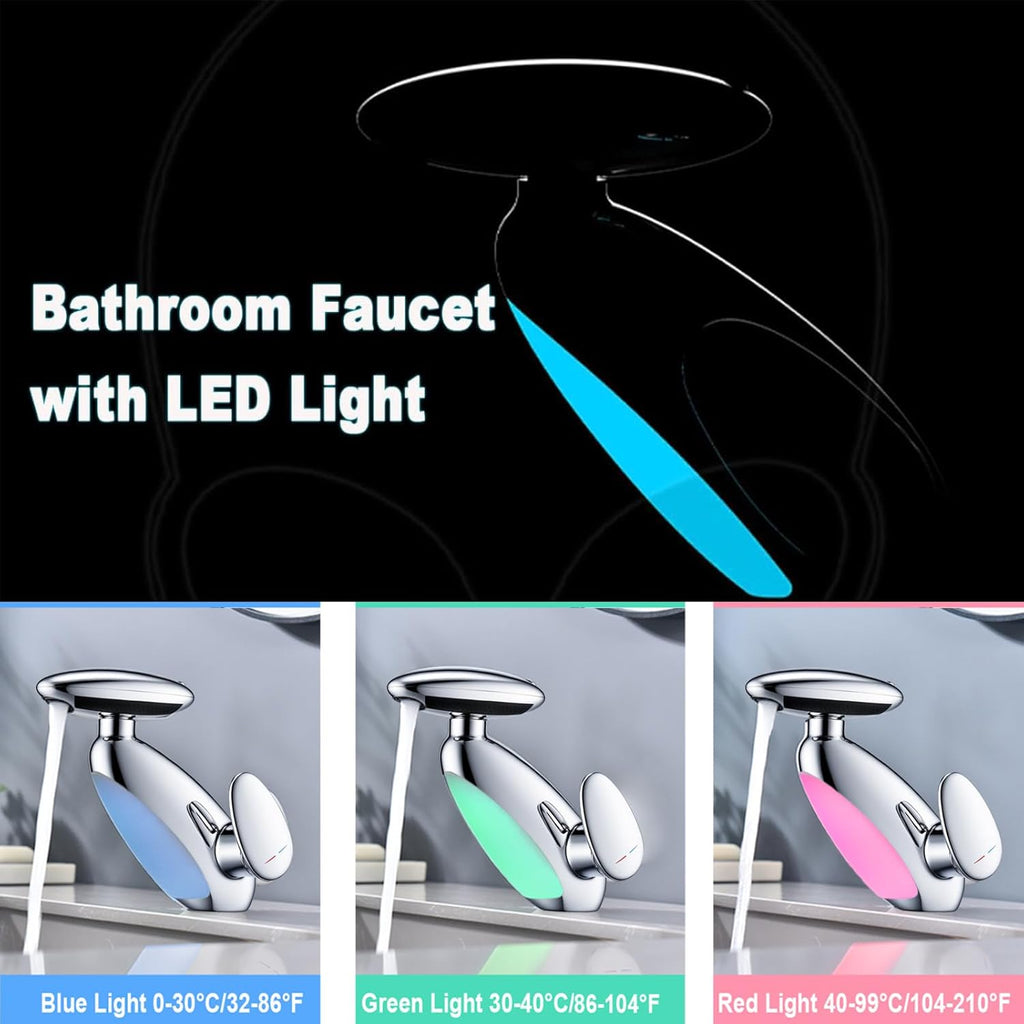 Bathroom faucet with LED light showing color temperature options on a black background.